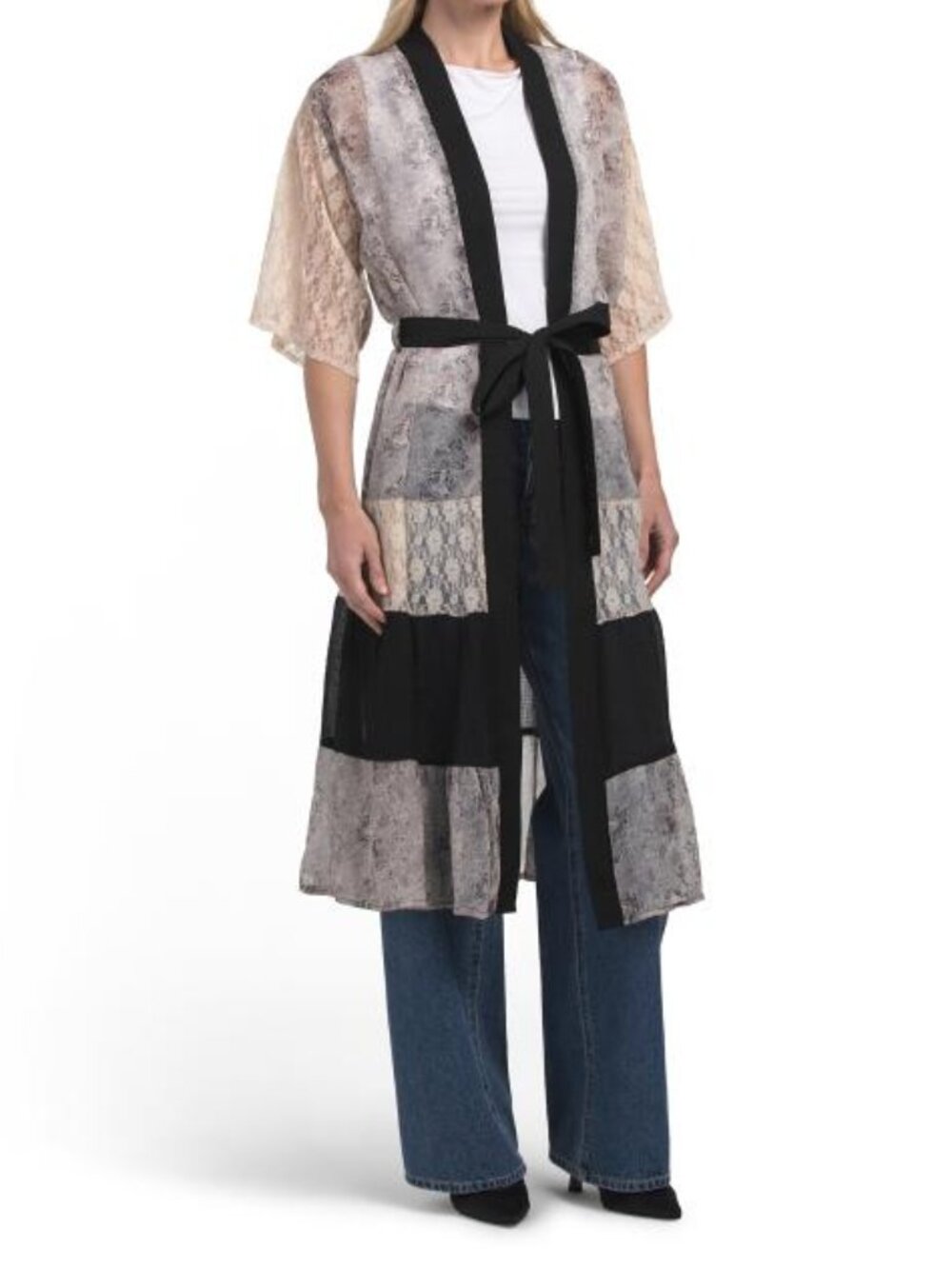 STEVE MADDEN Lace Mixed Print Tired Kimono